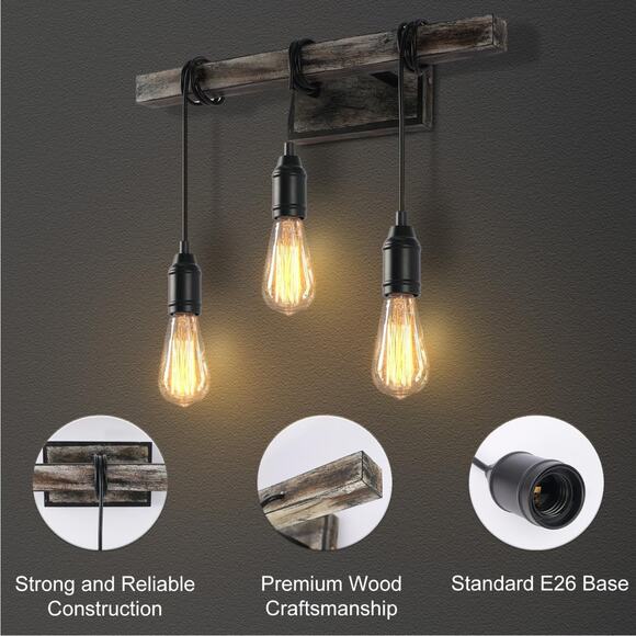 1 Betisa 3-light Antique Black/Gray and Faux Wood Grain Finish - Picture 3 of 6